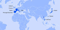 a blue map of Asia and Europe showing the eight countries in which RISD Fulbrights are currently working