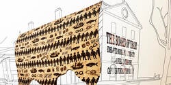 Drawing of Market House with student textile depicting slavery draped over the top