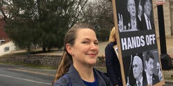 designer Georgie Stout at a protest