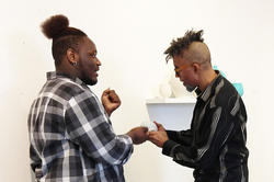 Desun Peoples MFA 21 CR discussing his work with visiting artist Dread Scott