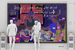 rendering of the LED-lit painting of queer Black women eating together