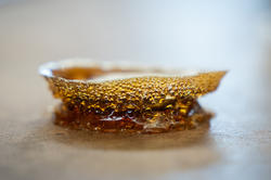 amber-colored adhesive prototype with tiny bubbles