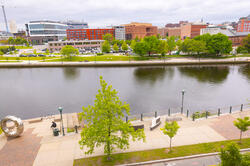 A view of the Providence River in sunshine from above