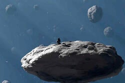tiny human figure perched on an asteroid in outer space
