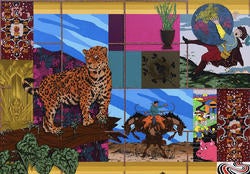 a multi-panel painting featuring a cheetah, a cowboy riding a horse with heads at the back and front of his body, a falling man holding a larger globe of Earth, and several patterned images