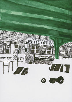 an illustration featuring a black-and-white rendering of storefronts below a green subway overpass