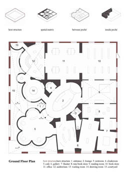 Student work by Interior Architecture graduate alum Daeun Kim of a black and white ground floor plan.