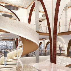 Student work by Interior Architecture graduate alum Dongyang Chen of a white and brown building interior featuring a spiral staircase.