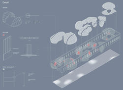 Student work by Interior Architecture graduate alum Eunji Park of a building diagram on a blue-gray background.