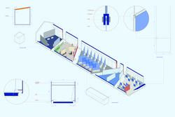Student work by Interior Architecture graduate alum Yujiang Wu of a building diagram with a blue background.