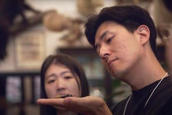 a person holds an insect in their open hand as another observes, inside a room with natural specimens on the wall