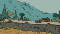 An annimation still of a red truck driving with mountains in the background