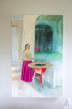painting of a woman in a long pink skirt working in a dining setting