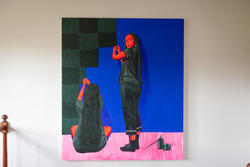 painting of two people with red skin and black braids braiding a black-and-gray checkered tapestry onto a wall