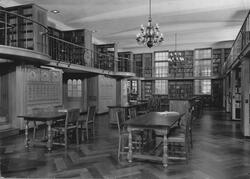 Black and white view of the inside of the old library college building from 1936.