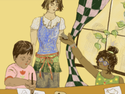 Illustration of children creating art as part of the Steel Yardlings program.