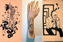 practicing tattooing on fake skin 