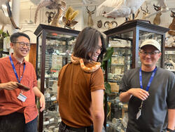 three people stand in a row in front of scientific specimen cases, as a snake stretches across the center person's shoulders