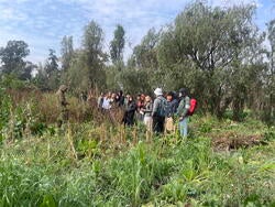 Students stand outside in a grassy field