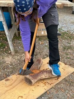 a person cuts into a v-shaped piece of tree using a long-handled chisel tool