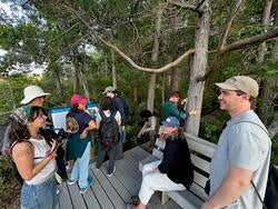 several students stand on an elevated platform surrounded by forest