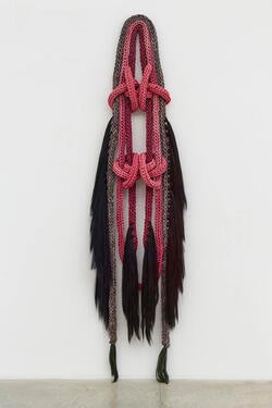 Black and pink cochinilla-dyed cotton rope and heckled flax⁠ by Tanya Aguiñiga