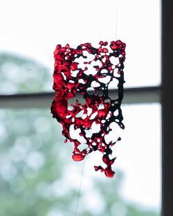 closeup of an abstract, glasslike red shape, suspended in air in front of a window looking outdoors