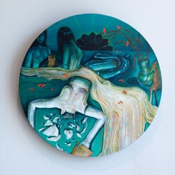 a fantastical scene painted in dark aqua shades on a circle-shaped canvas