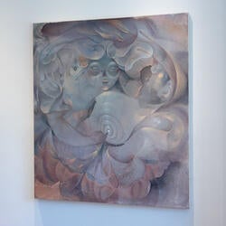 abstract painting of an angelic human figure cradling an object resembling a seashell
