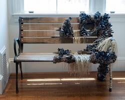 a wooden bench half-covered with mussel shells and other ocean debris