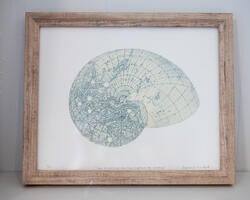 a world map illustration shaped like a snail shell, on white paper inside a brown frame
