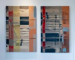 two equal-sized, vertically oriented paintings resembling windows with horizontal blinds