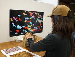 a student engages with a handheld, house-shaped device and observes images of birds on a desktop monitor