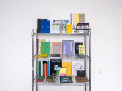 a three-level bookshelf filled with dozens of Graphic Design thesis books