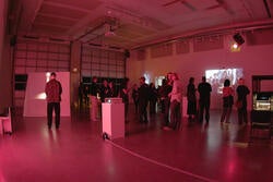 visitors at the exhibition in Jamestown bathed in pink light