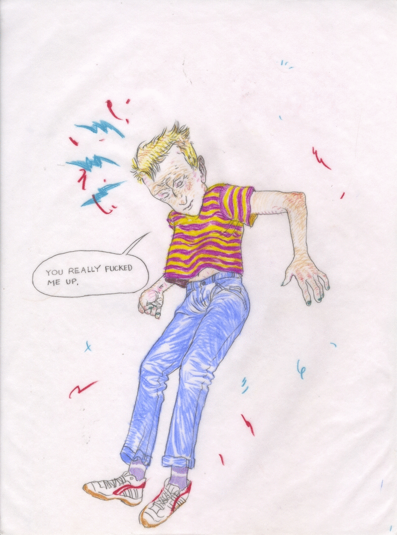 colored pencil gif of a boy falling, saying "You really fucked me up"