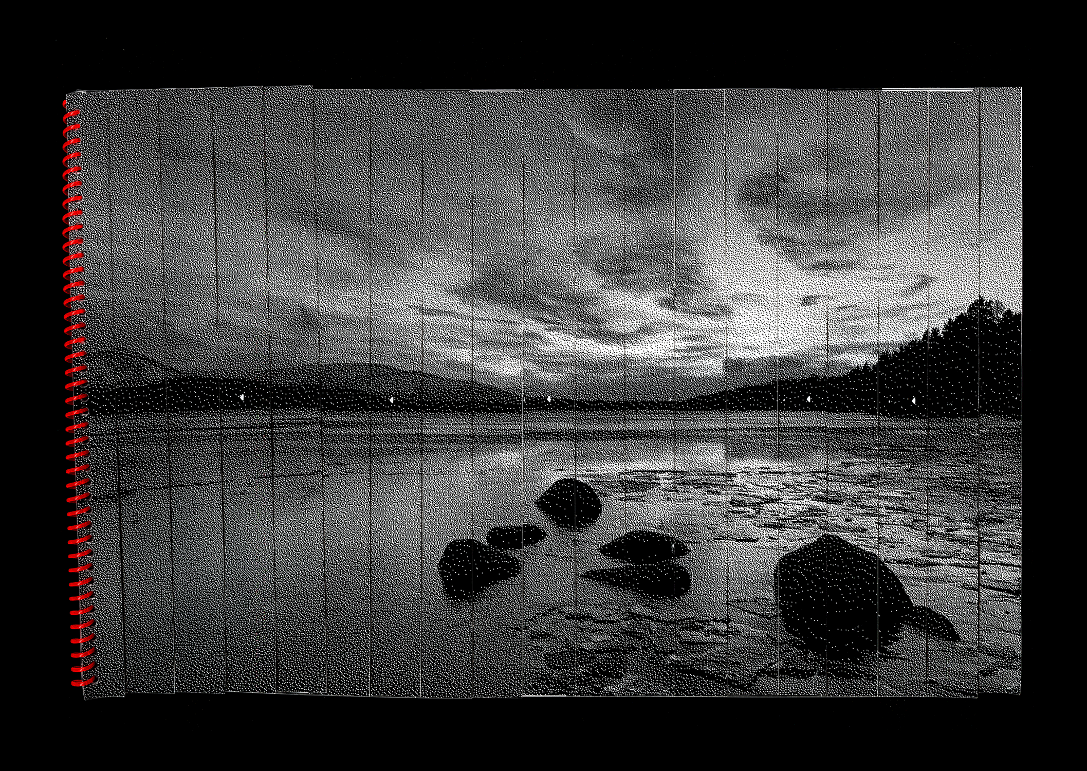 a black and white image of a beach transforms into a digitized abstract pattern