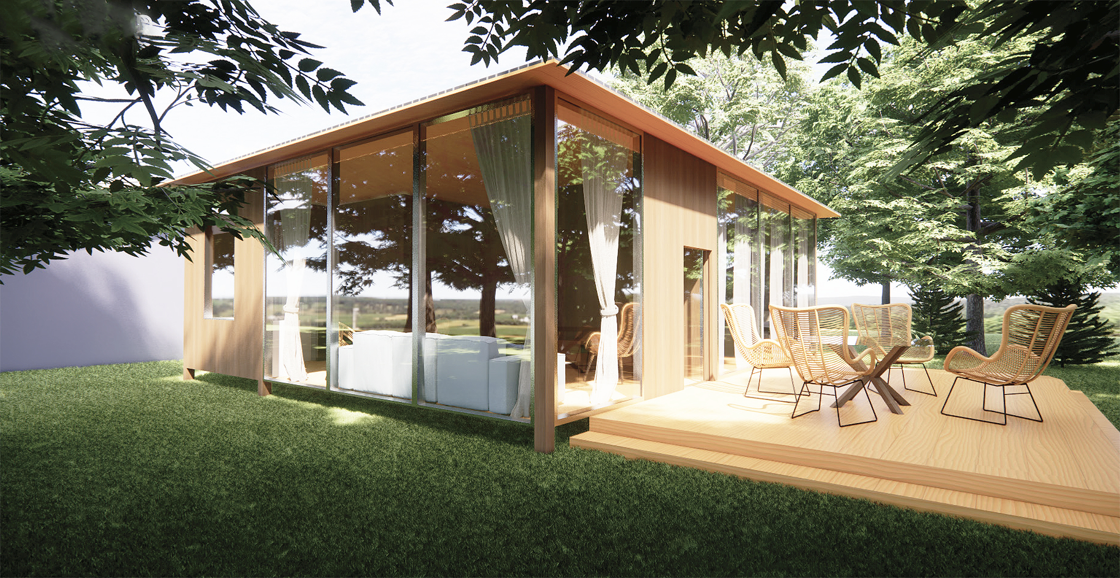 rendering of a backyard ADU with mostly glass walls