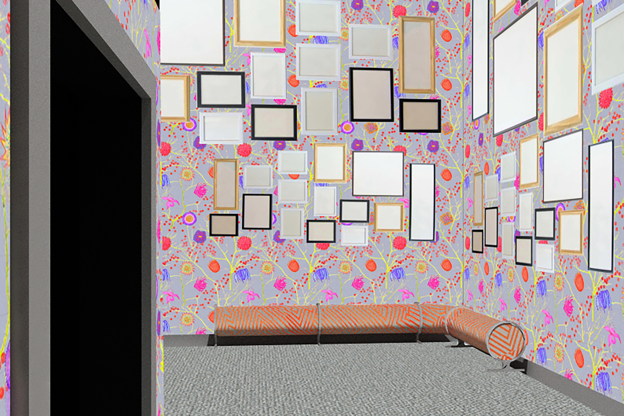 rendering of student space showing comfy couch and frames for artwork