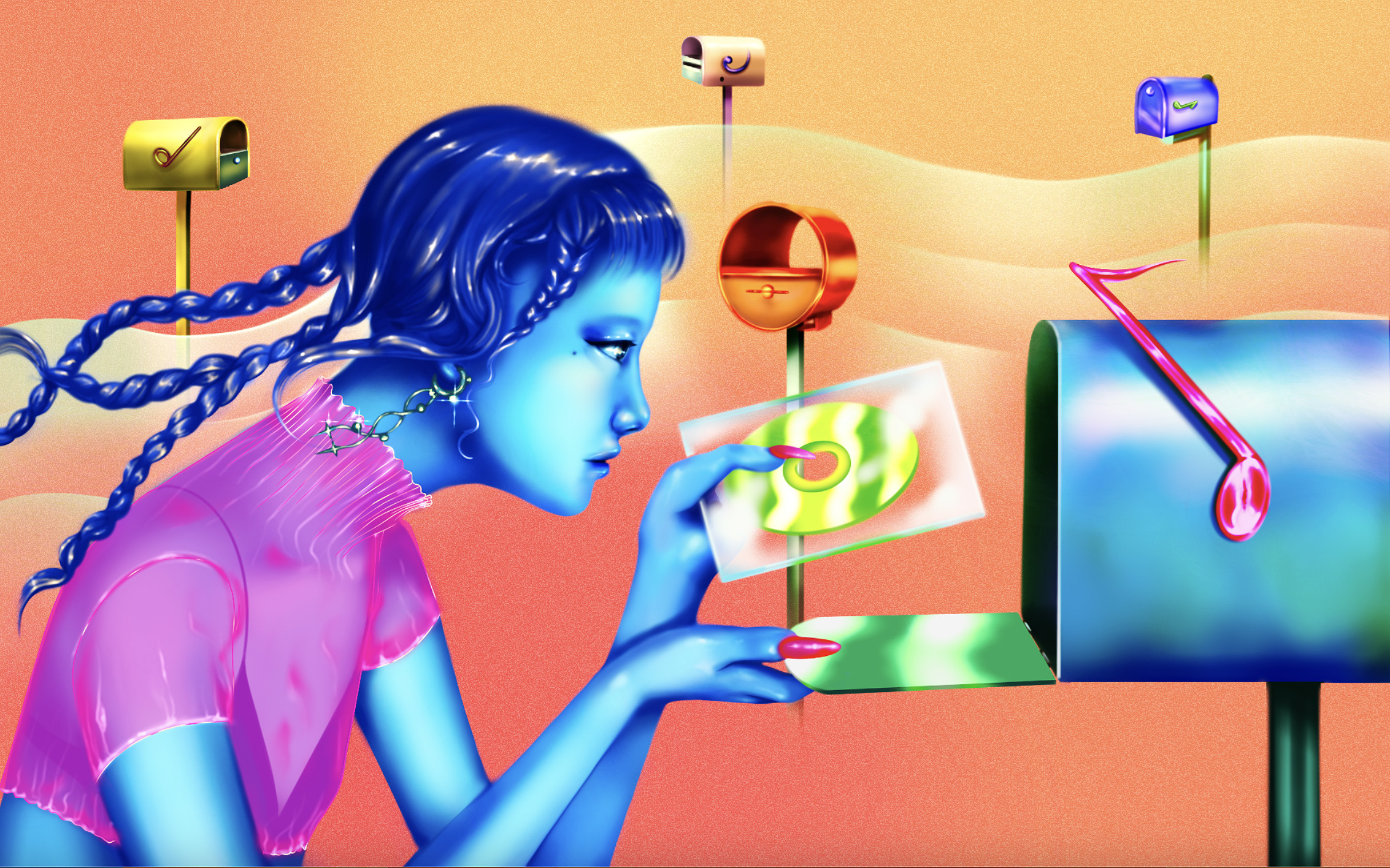 colorful illustration of a girl putting a CD into a mailbox