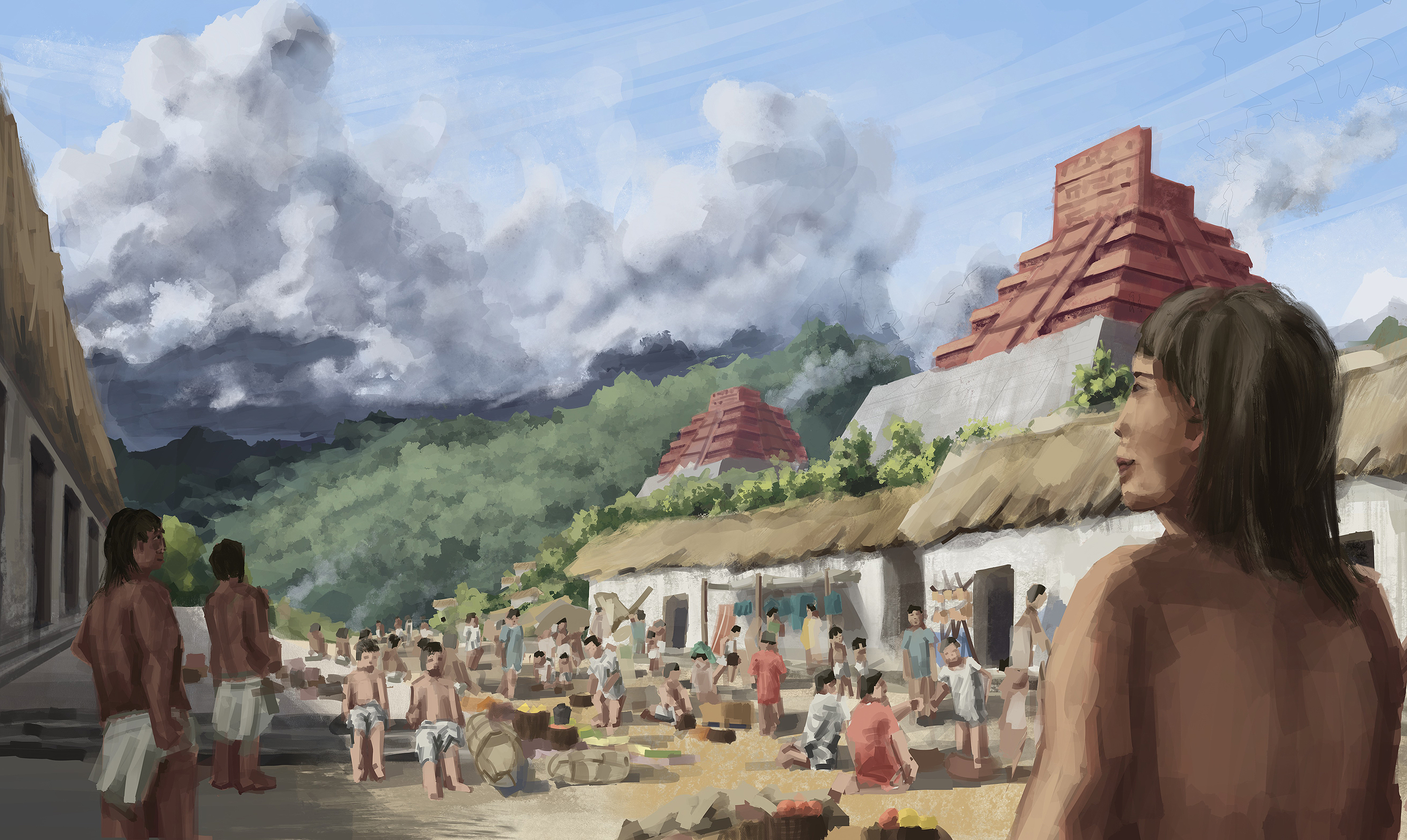 illustration of ancient Mayas at the market