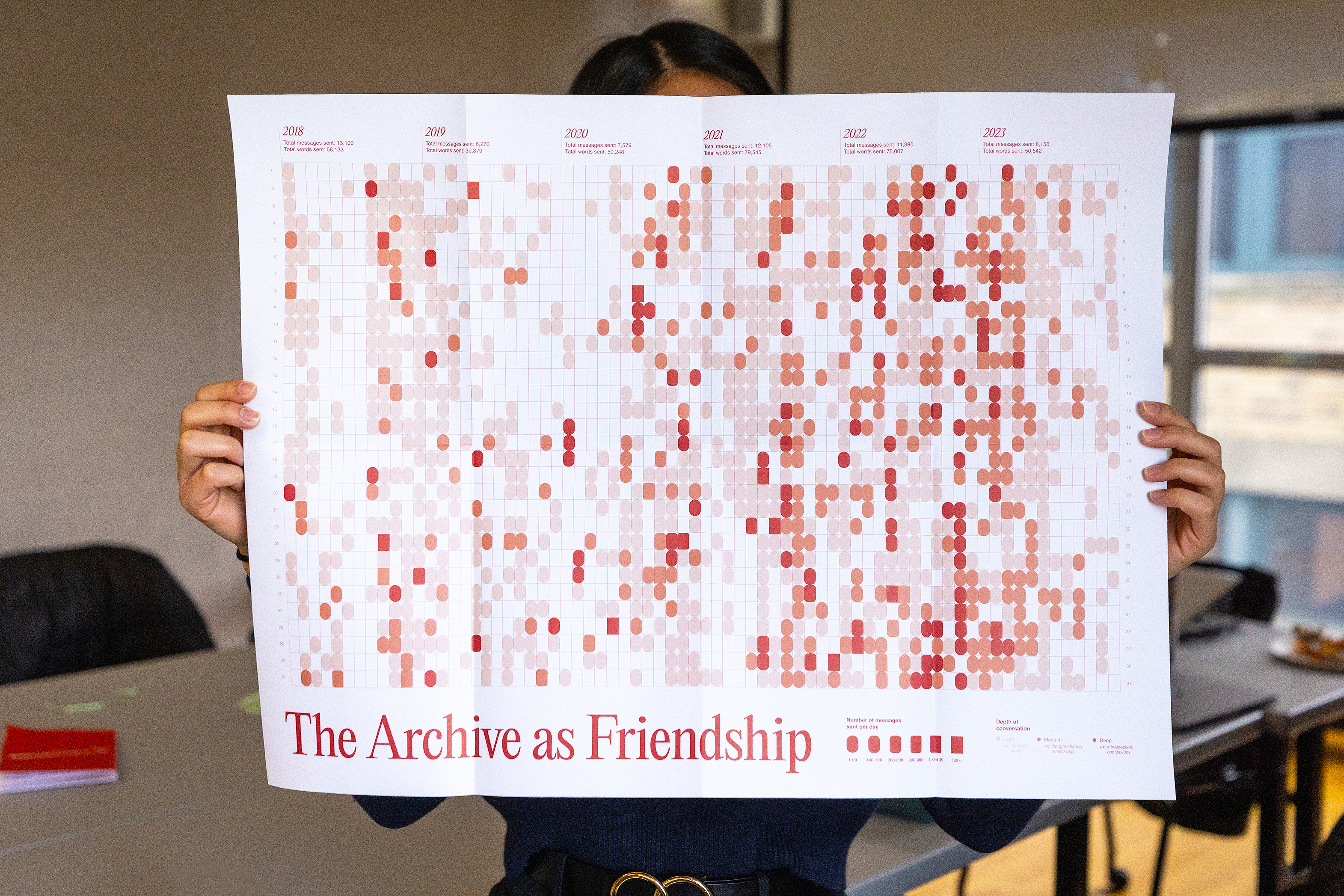 a student holds up a poster archiving her online relationship with an old friend