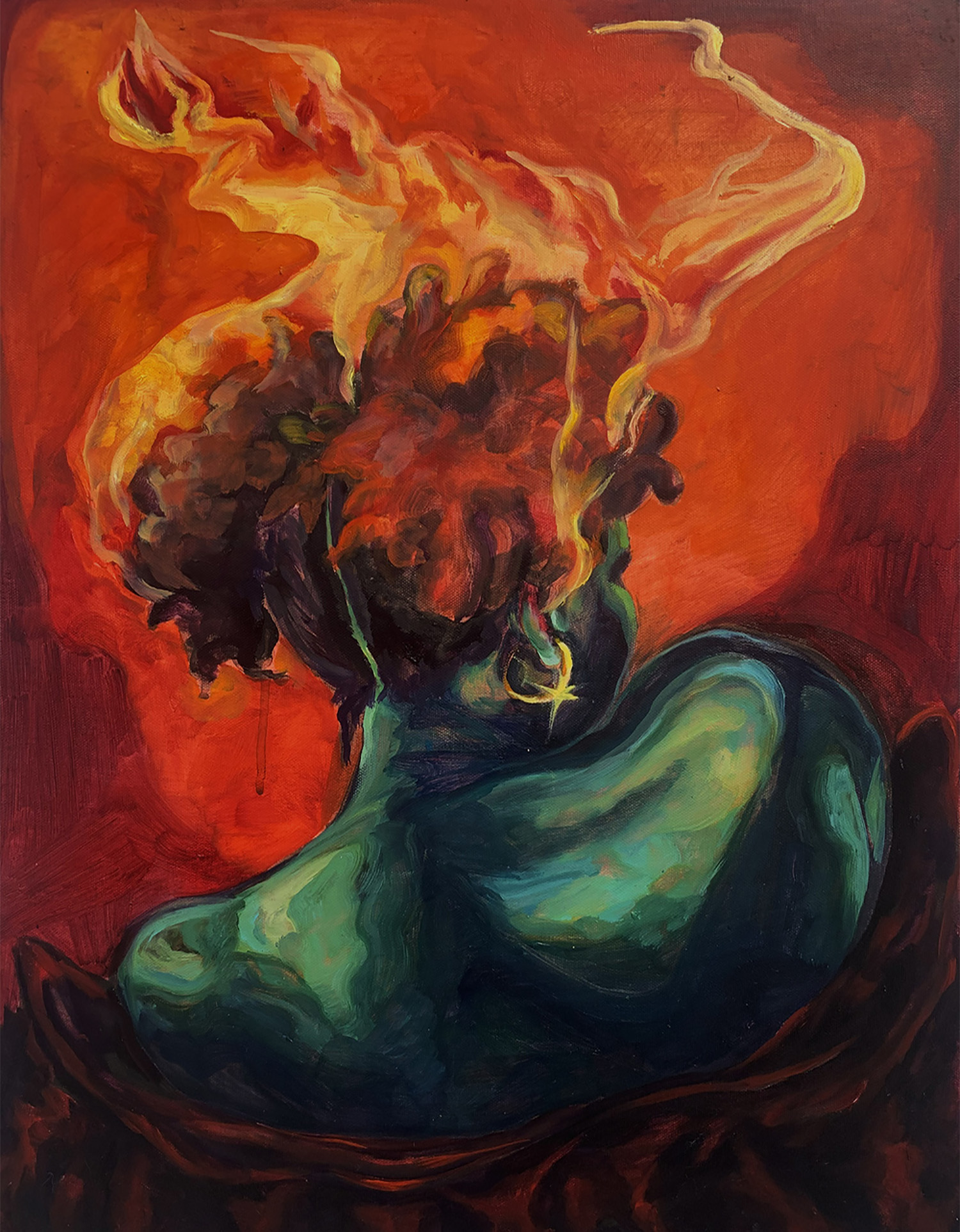 Colorful painting depicting woman with hair on fire
