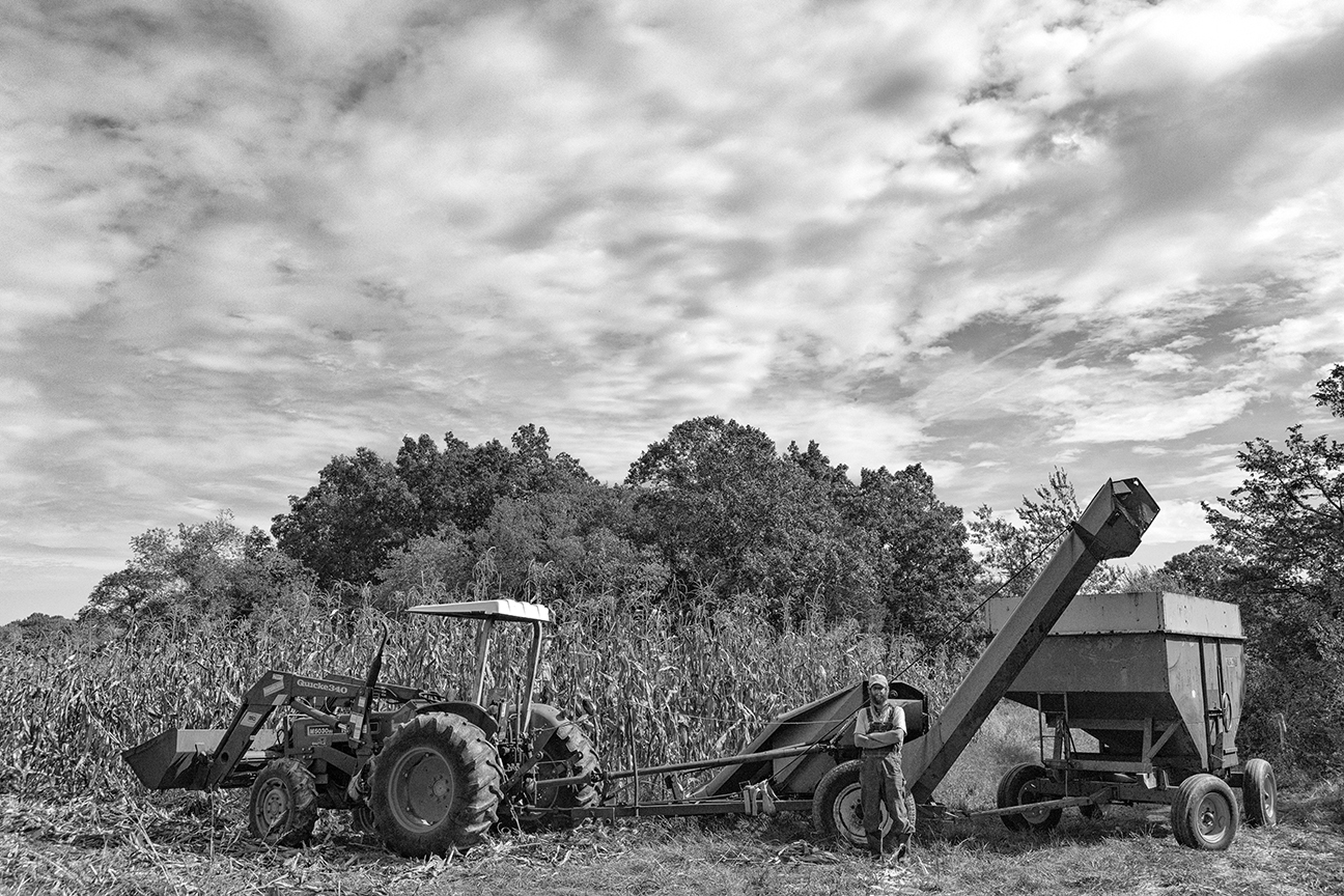 black and white image of a farmer tending to crops