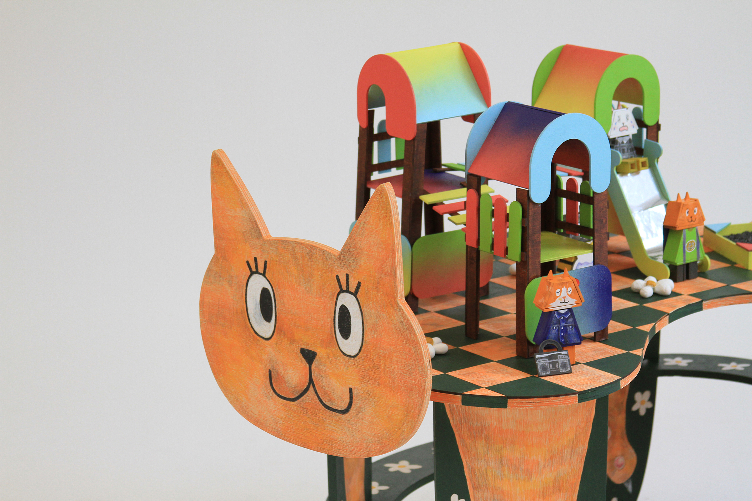 colorful table with large cartoon cat head