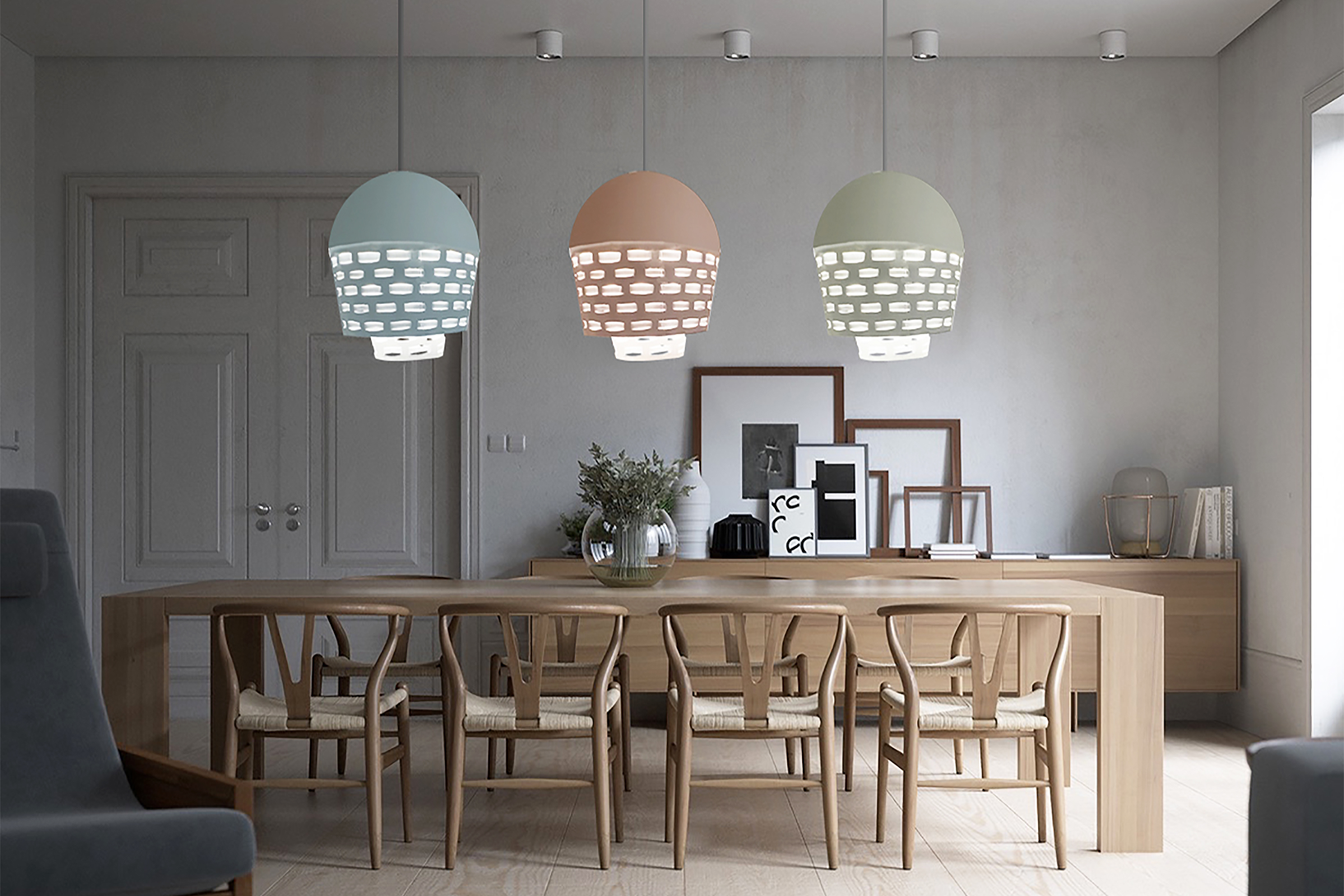 series of hanging light fixtures modeled in colored paper