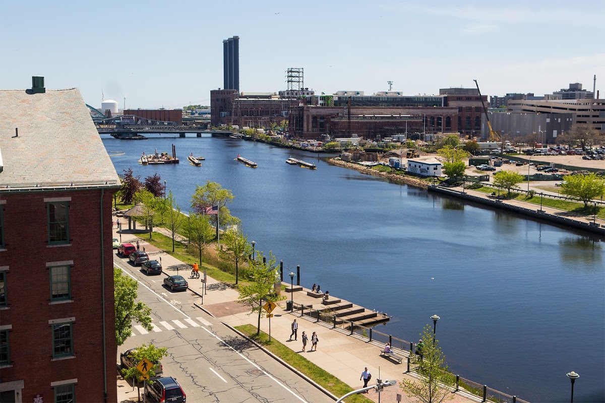 Aerial view of river along RISD campus