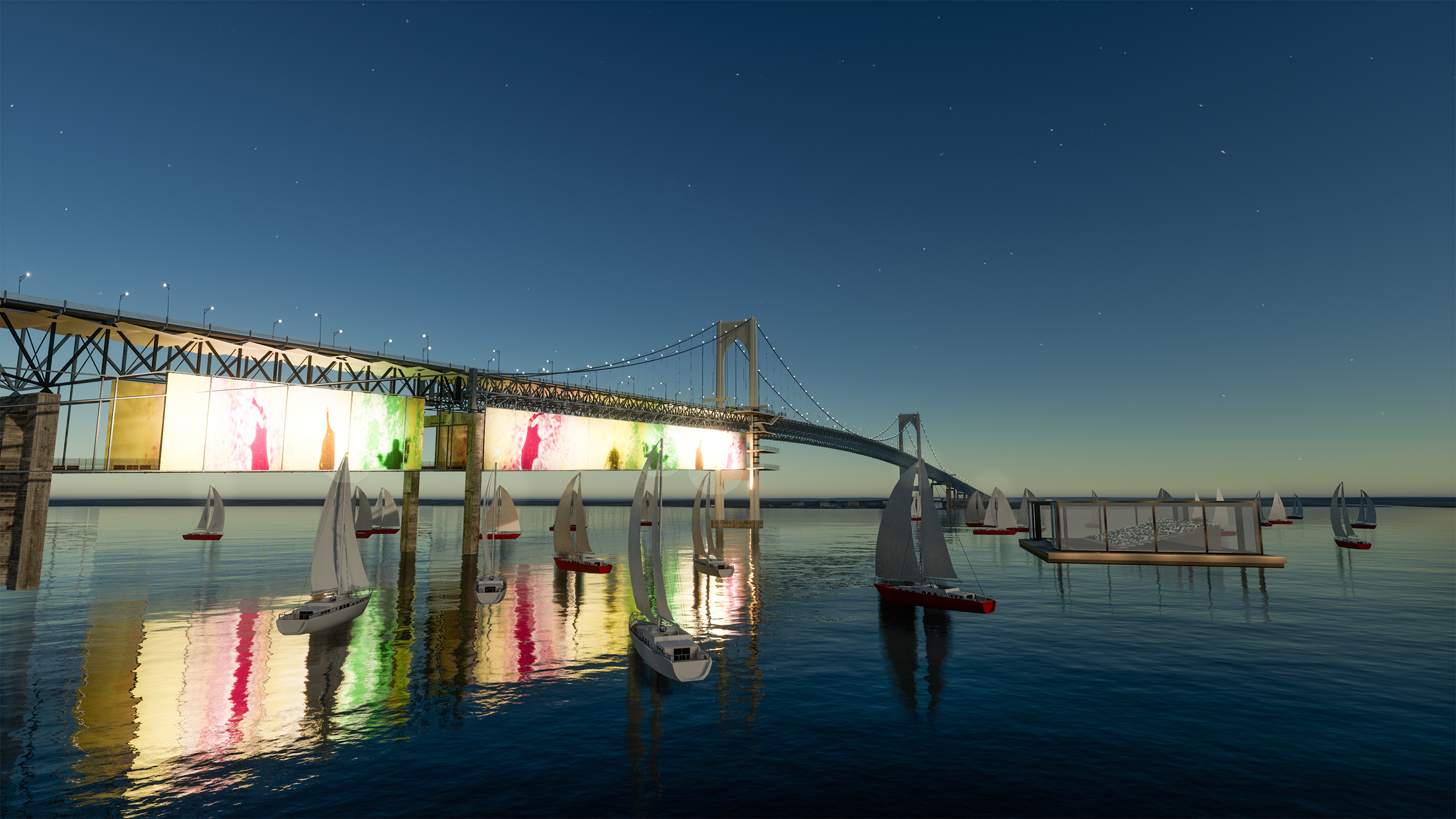 rendering of the bridge with huge screens facing water