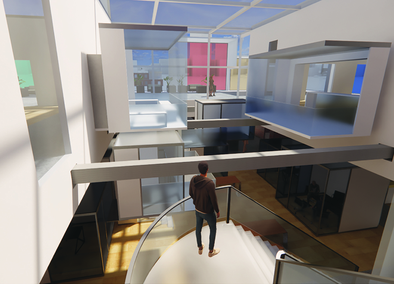 rendering of building interior with transparent materials