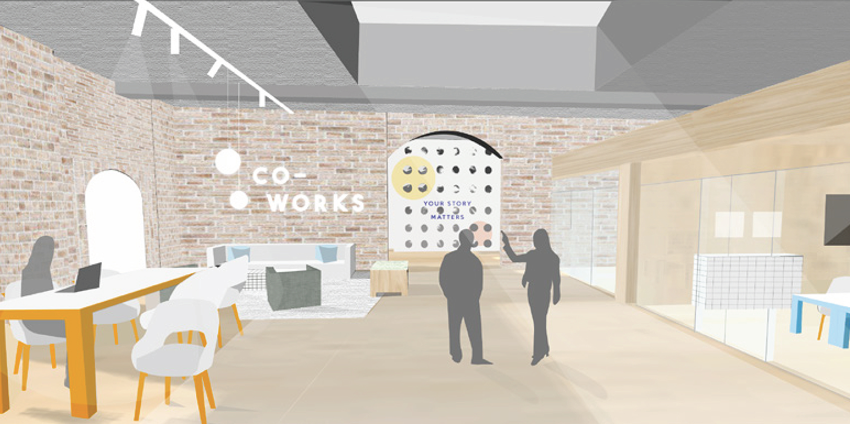 student rendering shows interior with shared workspace and private offices